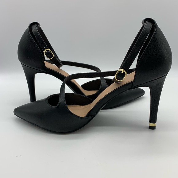 Kelly & Katie Pointed Toe Black Strappy Black Pumps With Gold Trim Heel Sz 10M - Picture 5 of 12